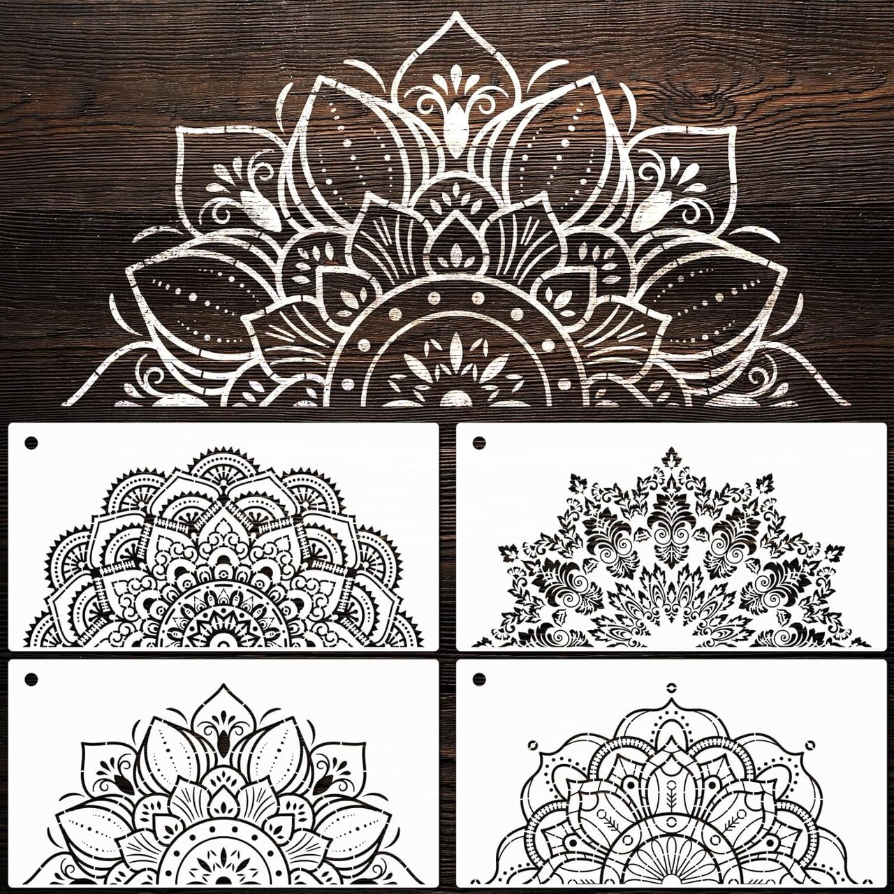 4-Pack Large Mandala Stencils – Reusable Half Mandala Templates (14.5 x 7.7 in) for DIY Painting on Walls, Fabric, Wood, Rocks & Home Decor